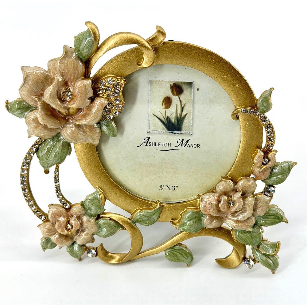 Ashleigh Manor Gold Enameled Flower Rhinestone Round 3x3 Picture Frame Vintage